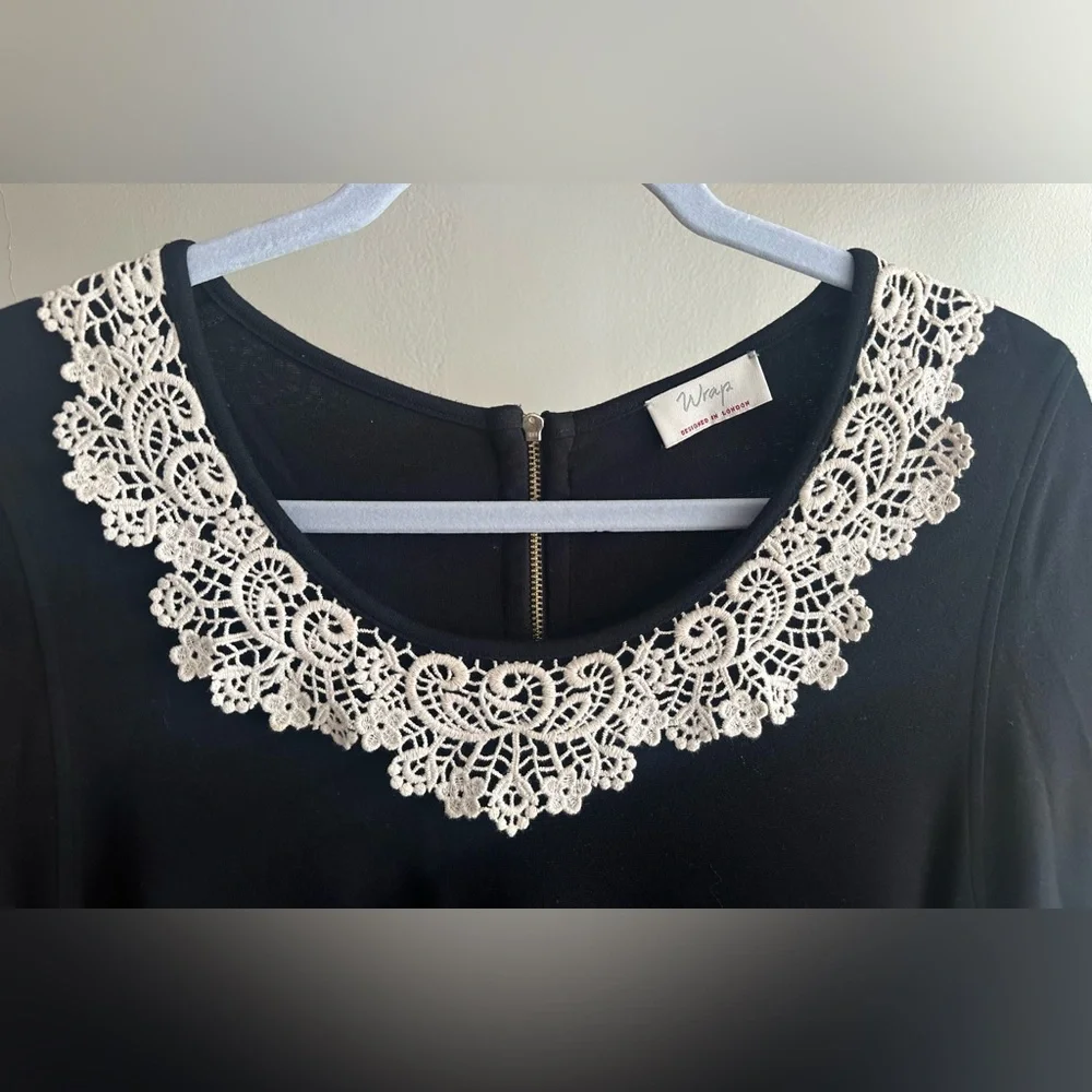Wrap London Black Long Sleeve Dress with White Lace Collar and Pockets- size L - Picture 2 of 8